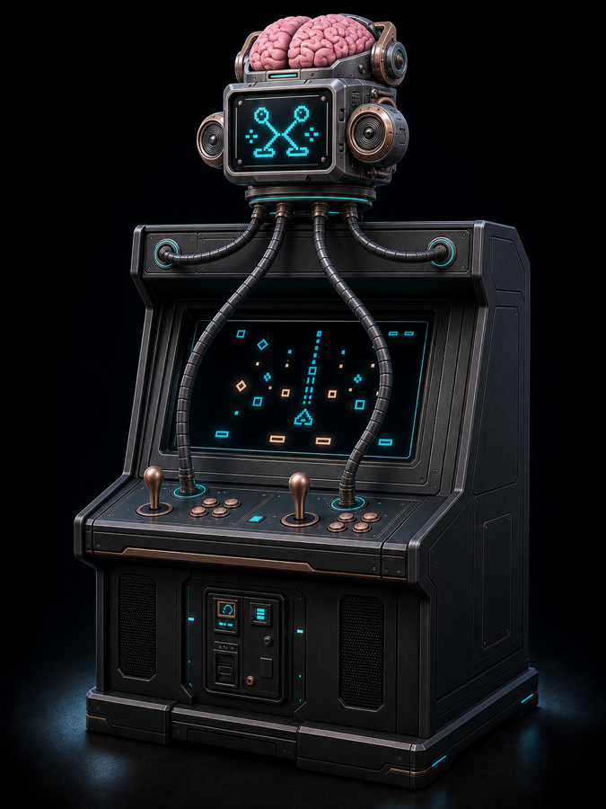 A cog-bot arcade cabinet