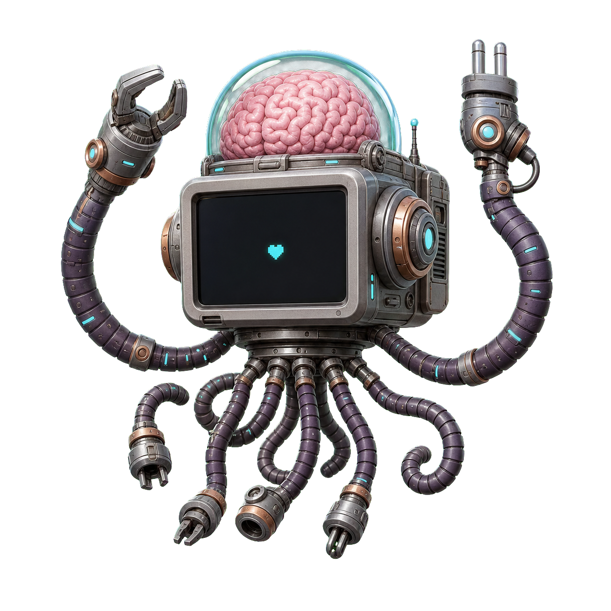 Cog-Bot the keeper — a wide TV-screen-faced 3D render with a brain crown and tentacle arms reaching outward